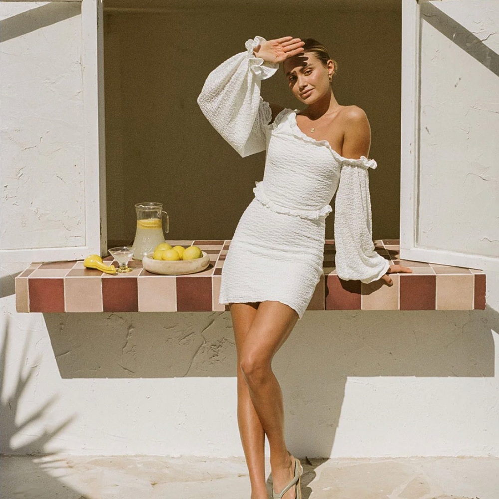 Nola One Shoulder Dress, Sabo Skirt, White/Cream dress with ruffles